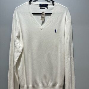 NWT Men's White V Neck Sweatshirt POLO RALPH LAUREN,Large/tiny hole see picture